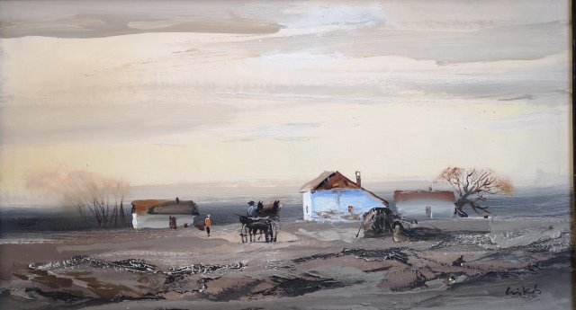 Csikós András  Lovasszekér 36x58cm olaj elkelt