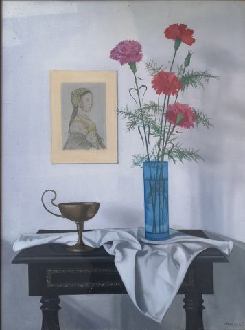 Mácsai István  Csendélet  portréval 80x60cm olaj vászon elkelt 