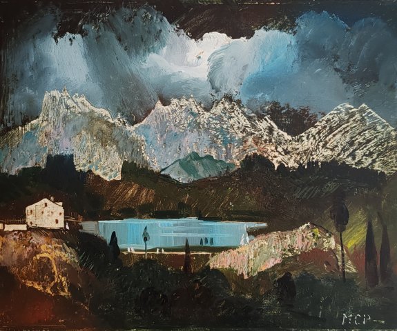 Molnár C Pál Itália Tó a hegyek között 40x50cm Olajfestmény elkelt